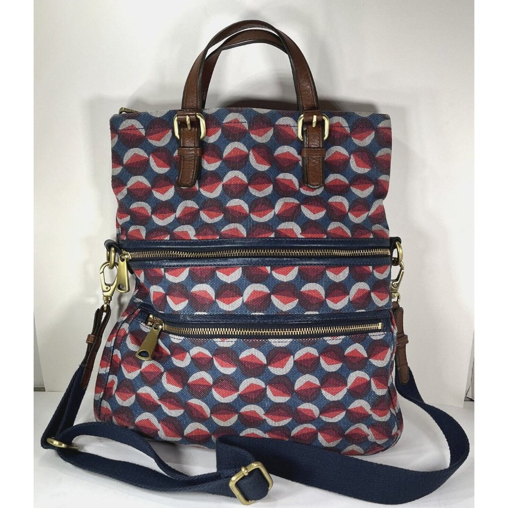 Fossil Explorer Geometric Fabric with Leather Trim Crossbody Shoulder Bag